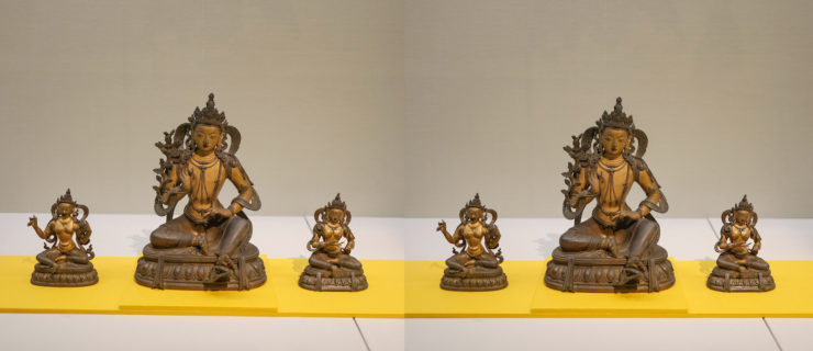 巴哷沙雑扎天坐像（はれつしゃぞうさつてんざぞう、左）
除蓋障菩薩坐像（じょがいしょうぼさつざぞう、八大菩薩のうち、中央）
明月母坐像（めいげつぼざぞう、右）
（いずれも中国 清時代・18世紀）
